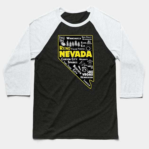 Nevada Reno Map Las Vegas Winnemucca Elko Ely Carson City Boulder City Henderson Laughkin Baseball T-Shirt by BoogieCreates